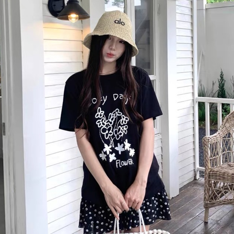 낙서 꽃 t 수채화 프린트 반팔 티셔츠 여성 여름 루즈핏 캐주얼 다용도 맨위