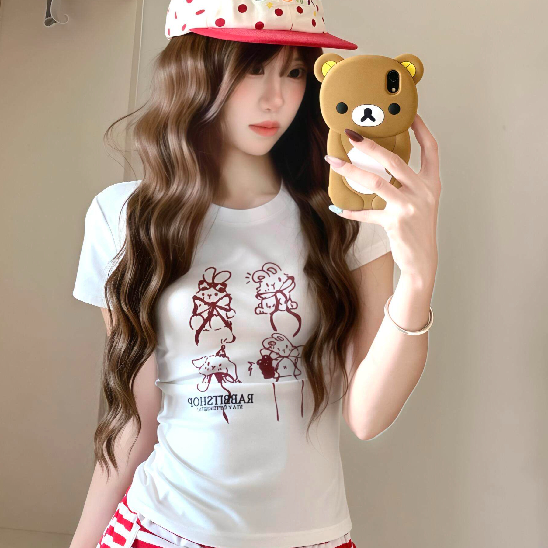 한 부서 나비 매듭 토끼 프린트 긍정적 인 어깨 여성 여름 새로운 작은 대중 디자인 센스 슬림해 보이는 ins 바람 티셔츠 트렌디
