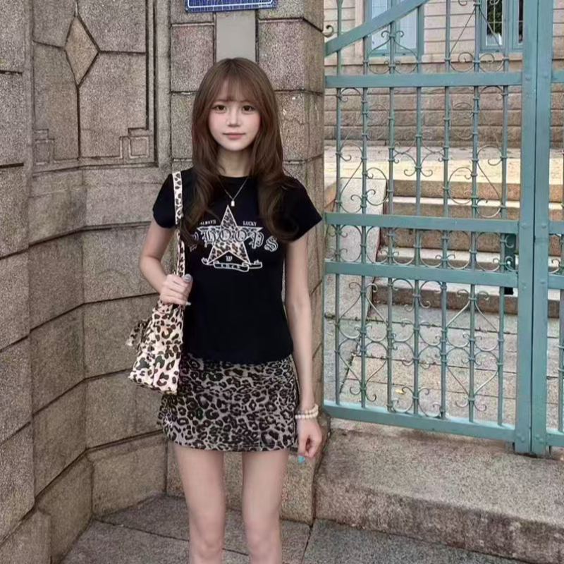 프린트 몸매 가꾸기 허리 수축 반팔 티셔츠 여성