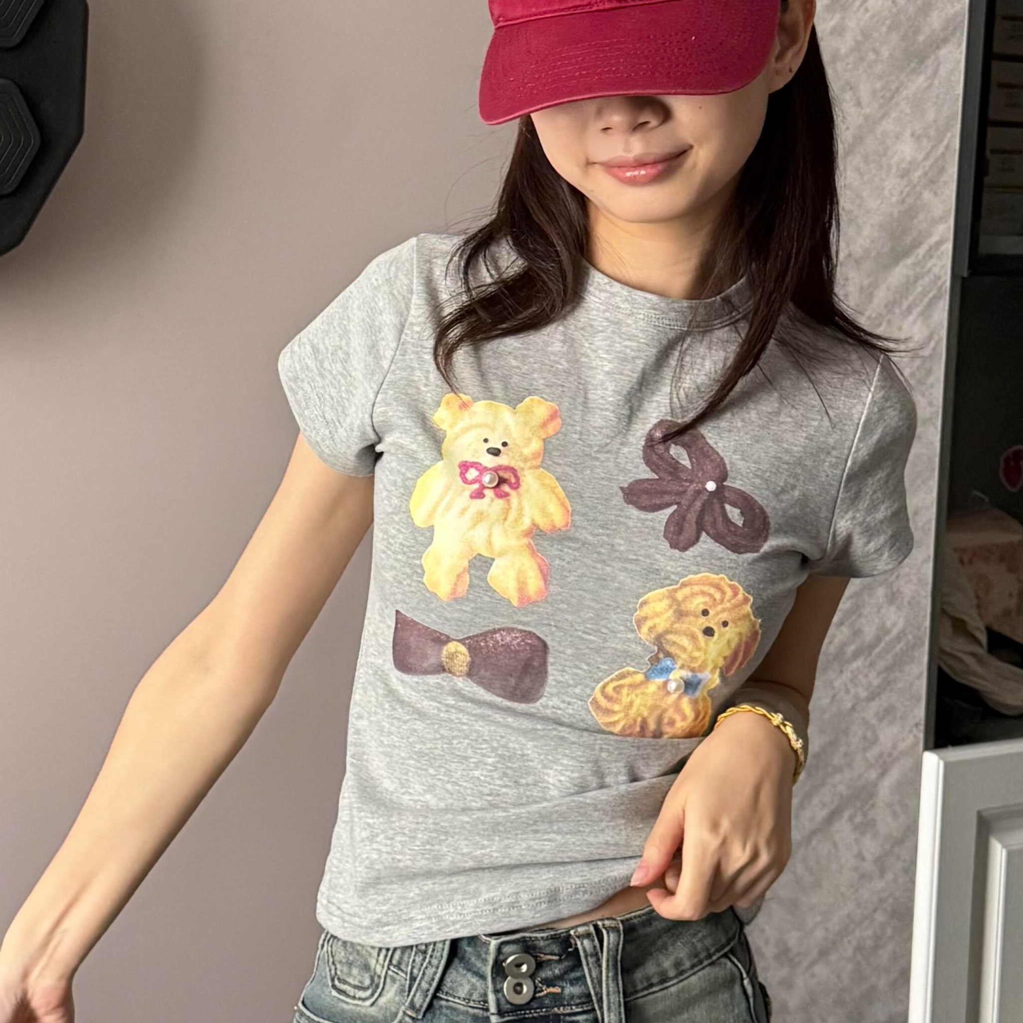 아메리칸 라운드 넥 작은 곰 프린트 반팔 티셔츠 여성 ins 몸매 가꾸기 슬림해 보이는 긍정적 인 어깨 작은 키 맨위 여름