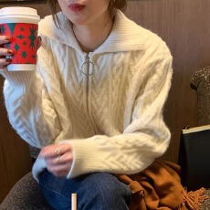 批发新款秋冬季法式polo领麻花外套宽松针织小众开衫女