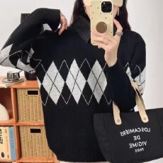 批发牛仔领假两件休闲毛衣女宽松外穿菱形拼接洋气针织衫打底上衣叠