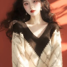 批发拼色菱格针织衫长袖毛衣早秋季新款女冷淡系独特别致绝美