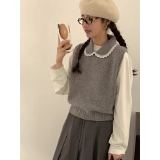 批发韩国东大门2025秋季新款蕾丝边翻领无袖针织马甲女叠穿<b class='q'>背心</b>上衣潮