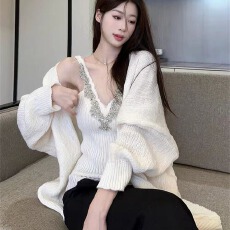 批发法式重工亮片宽松显瘦长袖开衫外套女秋冬内搭镶钻<b class='q'>吊带</b>背心两件套