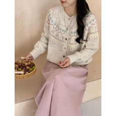 批发韩版撞色提花针织<b class='q'>开衫</b>女宽松短款慵懒风外搭上衣