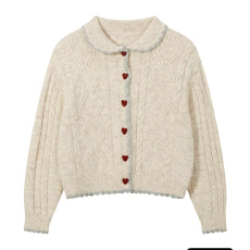 批发羊城故事 爱心扣复古翻领毛衣女2025秋冬小个子百搭宽松<b class='q'>开衫</b>上衣