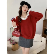 批发甜美温柔系拼接<b class='q'>荷叶边</b>红色针织<b class='q'>毛衣</b>女2025春秋冬别致减龄短款上衣