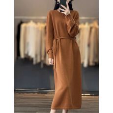 批发法式简约长款连衣裙女圆领中长款系带毛衣裙羊毛针织裙