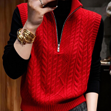 批发高领红色无袖马甲外搭休闲针织背心显白上衣2026春季马夹女