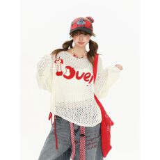 批发小众设计镂空钩花独特漂亮大领口罩衫女夏季薄款甜美短款针织上衣