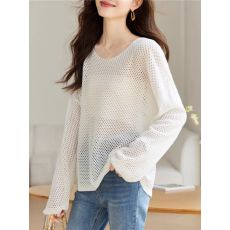 批发<b class='q'>韩版</b>甜美小清新粉色镂空防晒罩衫女夏季款圆领宽松慵懒风针织上衣