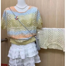 批发设计感法式重工亮片针织短袖t恤女夏季新款镂空薄款宽松圆领上衣