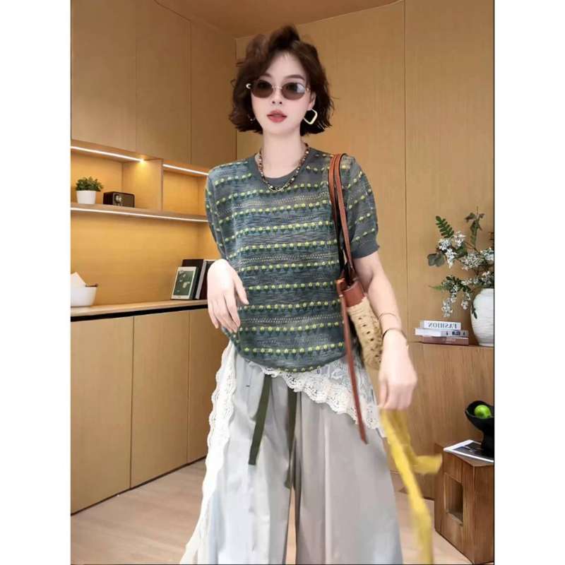 여성 의류 황색 작은 꽃 풀오버 니트 스웨터 긍정적 인 어깨 반팔 티셔츠 여름 지방 mm 자이언트 슬림해 보이는 맨위