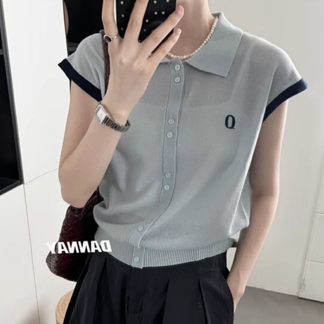 회색 POLO 셔츠 폴로 칼라 반팔 니트 오픈 가디건 여성 여름 디자인 센스 배색 루즈핏 얇은 스타일 작은 날다 소매 맨위