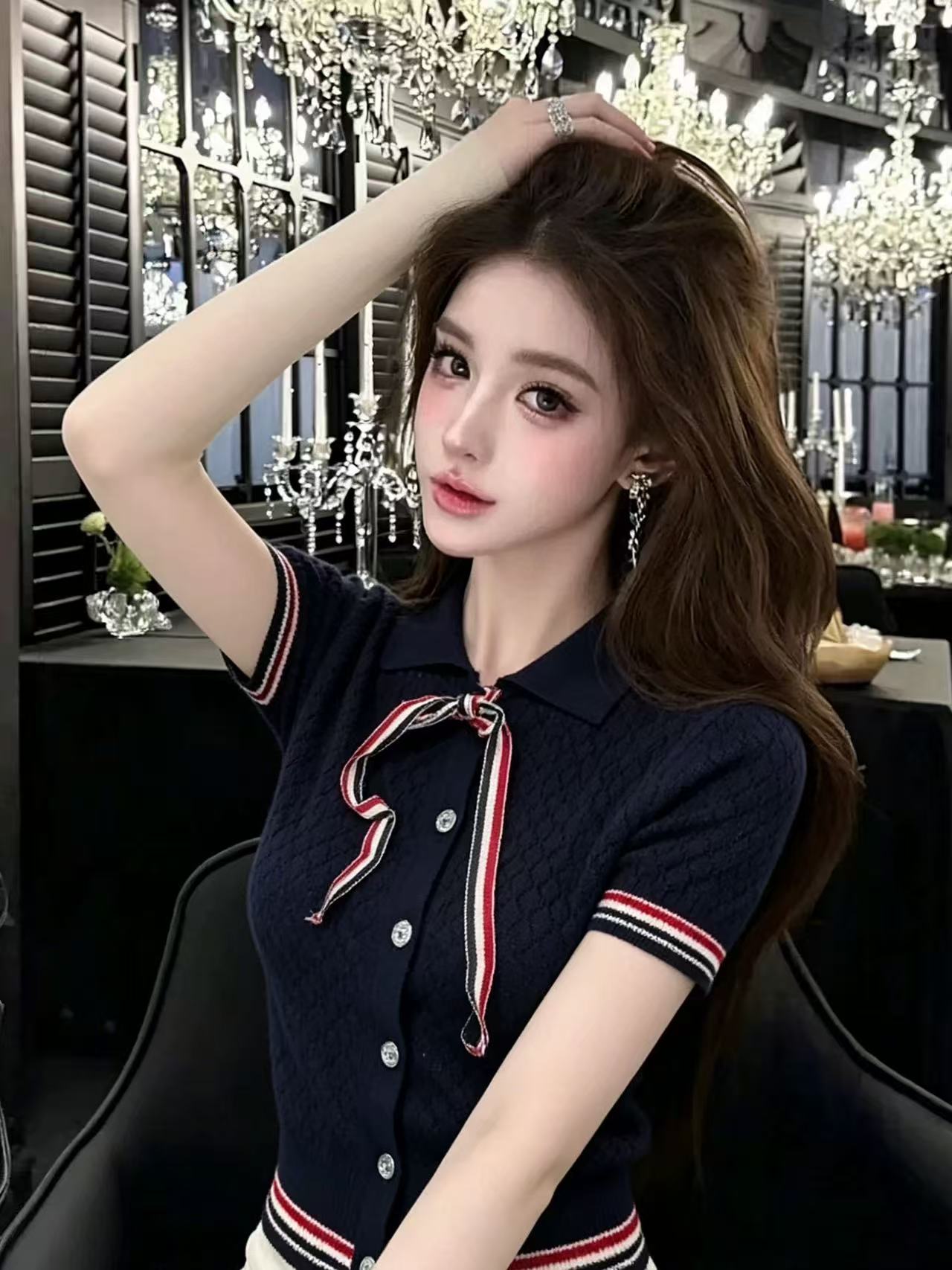 레트로 POLO 칼라 스트라이프 반팔 니트 오픈 가디건 여성 디자인 센스 폴로 칼라 맨위 트렌디