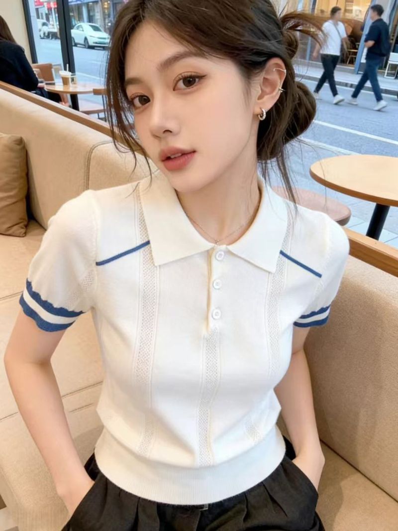 한국 스타일 부드러운 바람 배색 반팔 니트 스웨터 2026 봄 여름 폴로 칼라 부드럽다 패션 맨위 품격 다용도 작은 셔츠