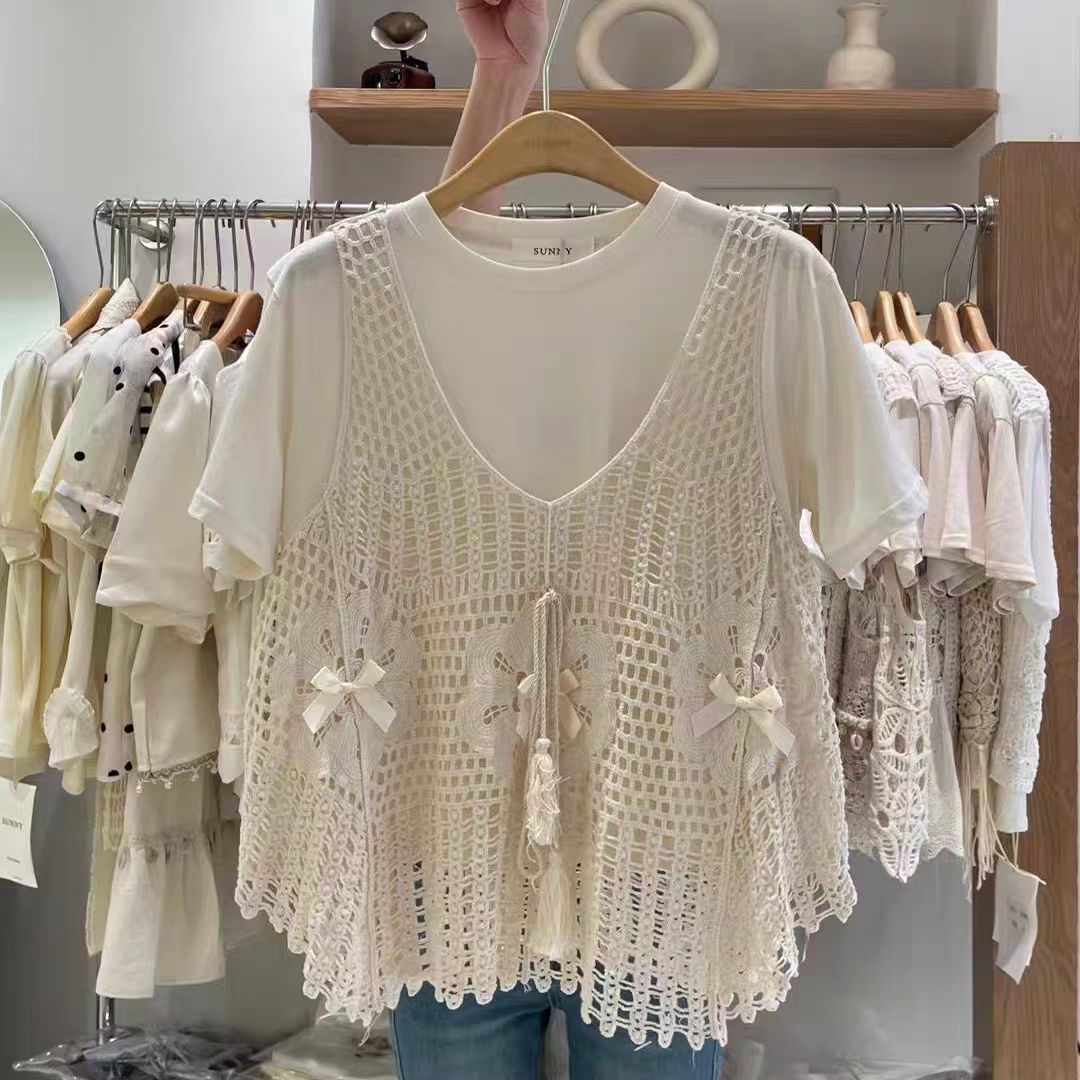 나비 매듭 자수 홀로우 아웃 니트 조끼 조끼 여자 외부 가져 가라. 한국 스타일 레트로 루즈핏 민소매 슬립 맨위 블라우스