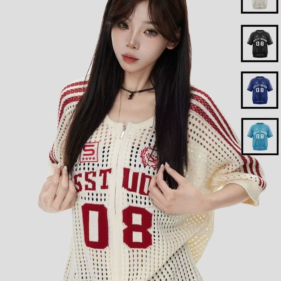 아메리칸 레트로 홀로우 아웃 저지 반팔 오픈 가디건 여성 외부 가져 가라. 여름 얇은 스타일 루즈핏 슈퍼 잘 생긴 니트 블라우스 맨위