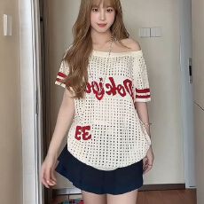 批发美式复古斜肩短袖女夏季穿搭镂空针织t恤宽松显瘦辣妹露肩上衣