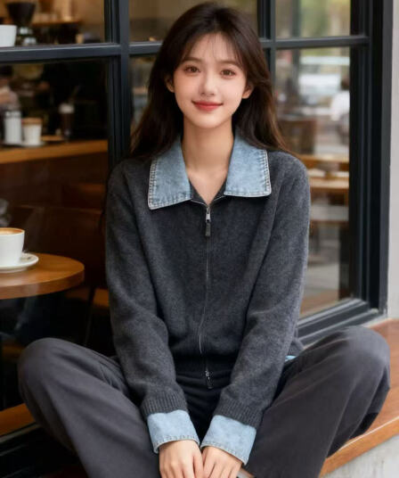 2026 새로운 한국 스타일 패션 다용도 루즈핏 캐주얼 폴로 칼라 데님 칼라 패치워크 색상 니트 스웨터 맨위