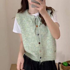 批发韩系纯色百搭针织背心女秋季开衫宽松无袖毛衣马甲叠穿内搭打底潮