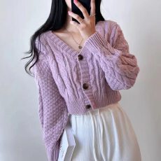 批发<b class='q'>韩国</b>2026秋冬季新款v领麻花纹长袖针织开衫女短款毛衣小外套潮