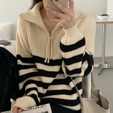 批发慵懒风复古条纹宽松半拉链高领韩版<b class='q'>毛衣</b>女秋冬新款休闲套头针织衫