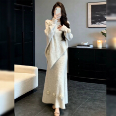 批发韩系温柔风时尚针织半身裙套装女秋冬季宽松<b class='q'>显瘦</b>气质毛衣套装裙子