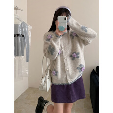 批发浅蓝立体花朵<b class='q'>针织</b><b class='q'>开衫</b>女秋冬季<b class='q'>圆领</b>温柔风软糯毛衣小个子显瘦外套