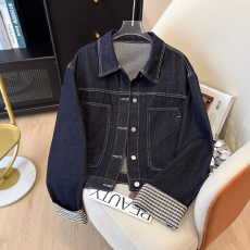 批发实拍复古撞色袖口格子牛仔外套女春秋设计感慵懒风短款夹克上衣