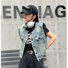 批发黑色拼接领牛仔马甲