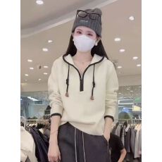 2025秋冬新款时尚撞色连帽毛衣女装百搭休闲宽松慵懒软糯针织上衣