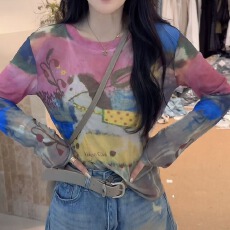 粉色小马印花长袖显瘦T恤女