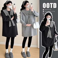 批发新款  2025秋冬韩版时尚休闲百搭宽松<b class='q'>假两件</b>卫衣连衣裙孕妇套装