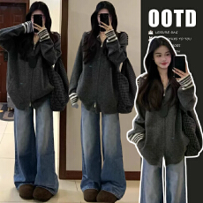 批发2025秋冬加厚孕妇海军领灰色毛衣女慵懒条纹设计开衫孕妇外套