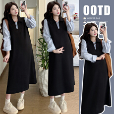 批发2026新款春季<b class='q'>休闲</b>百搭连衣裙拼接条纹长款孕妇连衣裙