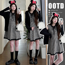 实拍 新款 2026春季花边格子背心裙+开衫休闲百搭孕妇两件套套装