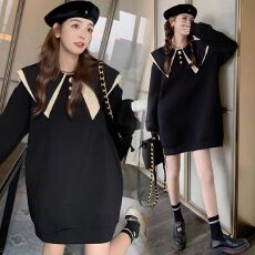 批发2026春款<b class='q'>孕妇装</b>黑色娃娃领卫衣裙法式宽松长袖连衣裙套装