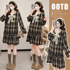 批发新款 现   2026新款春季<b class='q'>孕妇装</b>韩系宽松蕾丝拼接格子<b class='q'>孕妇</b><b class='q'>连衣裙</b>