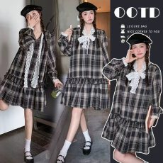 批发新款 现 2026春季<b class='q'>孕妇装</b>韩系宽松蕾丝拼接格子<b class='q'>孕妇</b><b class='q'>连衣裙</b>