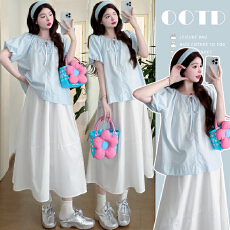 批发实拍2026夏季新款休闲<b class='q'>百搭</b>纯棉衬衫+猪鼻扣半身裙孕妇套装