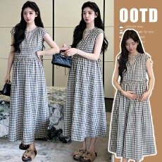 批发2026新款夏季<b class='q'>孕妇装</b>休闲V领系带格子收腰长裙宽松<b class='q'>孕妇</b><b class='q'>连衣裙</b>