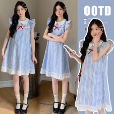 批发2026夏季新款孕妇装可爱<b class='q'>休闲</b>百搭飞飞袖宽松格子孕妇连衣裙