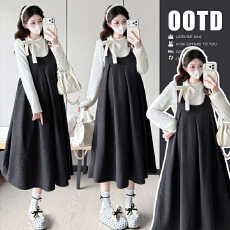 批发新款 2026秋冬韩版法式中长款毛呢孕妇大码连衣裙+波点上衣套装