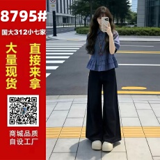 批发一整套ootd穿搭套装减龄蓝色格纹短袖<b class='q'>衬衫</b>阔腿<b class='q'>牛仔</b>裤两件套2026夏