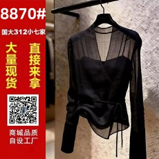 批发法式设计感黑色纱质长袖上衣女气质小众时尚V领系带时髦感透视