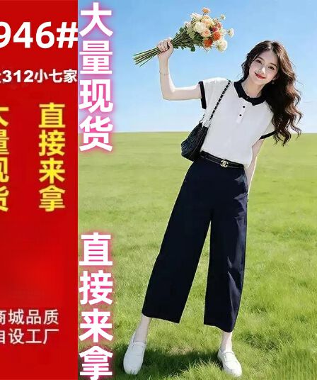 여름 패션 세트 품격 연령 감소 루즈핏 슬림해 보이는 폴로 칼라 얼음 실크 반팔 맨위 코디 스트레이트 캐주얼 바지 여성