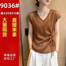 批发简约风V领<b class='q'>短袖</b>抽绳<b class='q'>短袖</b>上衣女2026夏季宽松显瘦系带时髦收腰小衫