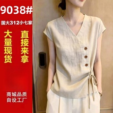 批发2026夏季日常简约风小众V领收腰系带衬衫女时尚显瘦洋气<b class='q'>短袖</b>上衣